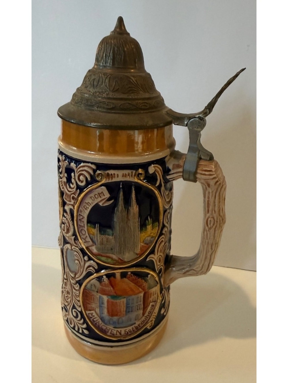 Vintage GERZ W Germany Beer Stein Pewter Lid German Cities Relief 10”